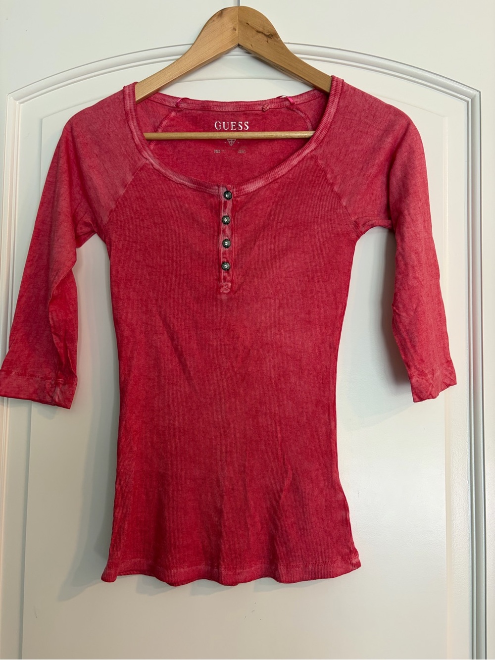 GUESS Women's Washed Red Henley Cotton Top Size S
